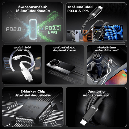 สายชาร์จ AI ZTEC ZC711 5A 100W สีดำ แปลงเทคโนโลยีชาร์จเร็ว PD2.0 เป็น PD3.0 และ PPS_2